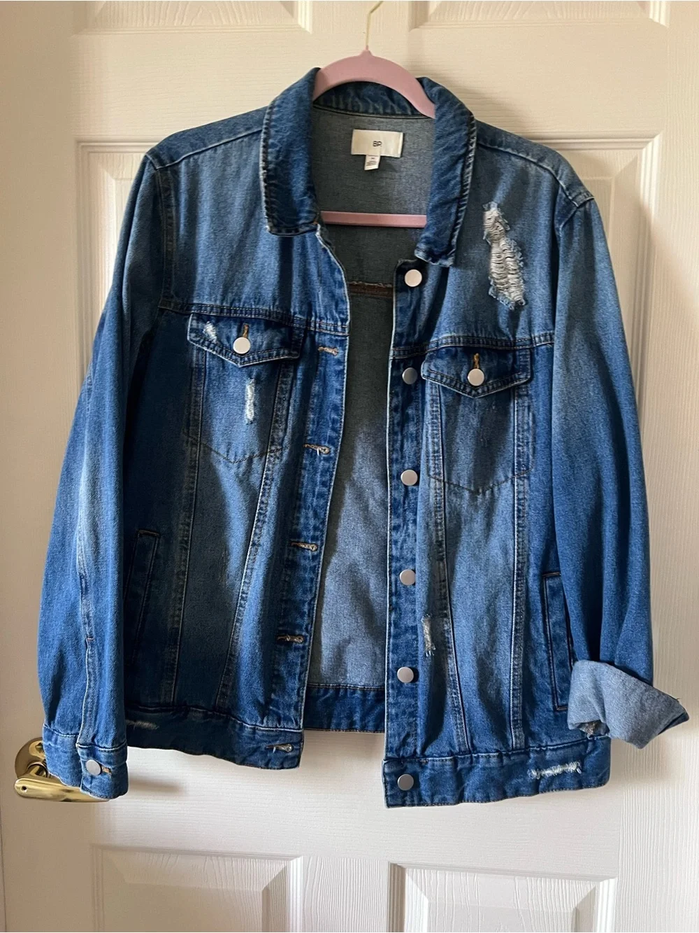 bp Upcycled Hand Painted Astronaut Space Denim Distressed Jacket Medium NWOT - Picture 1 of 10